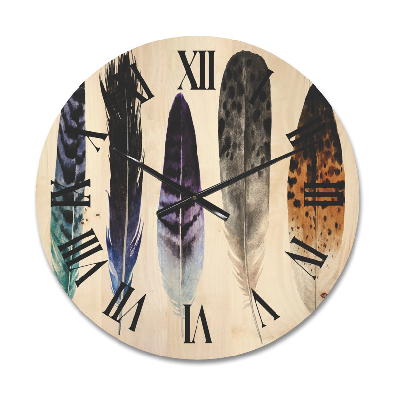 Horloge murale en bois Colorful Feathers II, Petit
