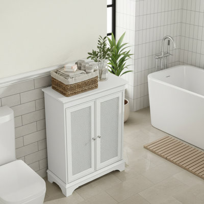 Rattan Freestanding Storage Cabinet With Adjustable Shelves, Suitable For Bathroom Spaces.
