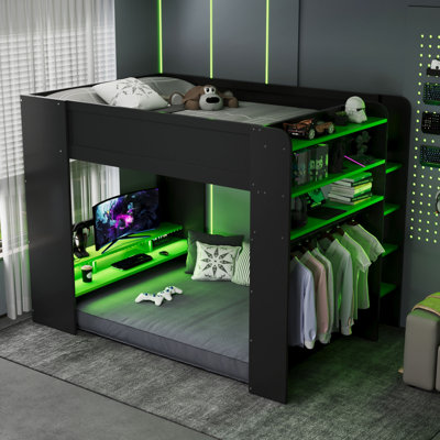 Full Size Wood Bunk Bed with Height-Adjustable Desk, Wardrobe, Storage Drawers & RGB LED Light, Kids Loft Bed Green