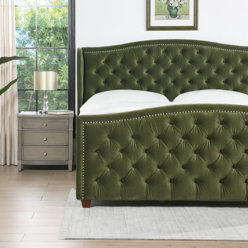 Coleman Upholstered Wingback Bed, Queen, Olive Green Velvet