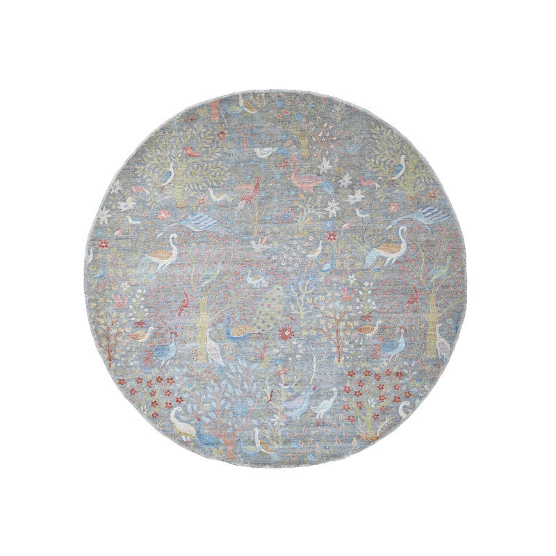 10'1"x10'1" Grey Afghan Peshawar Birds Design Hand Knotted Wool Round Rug A8189580B01F4B89A2E706BB1B8F6899
