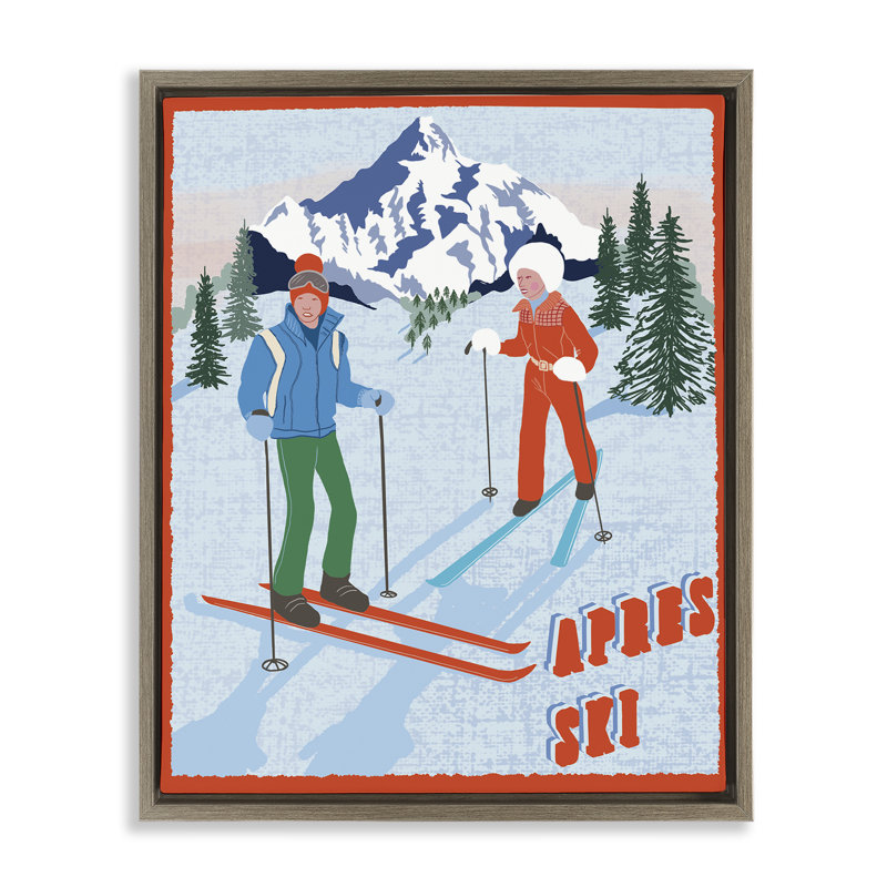 «Apres Ski Winter Fun», art mural encadré par Jo Floater, Cadre flottant orme Montalcino, H 21 po x l 17 po