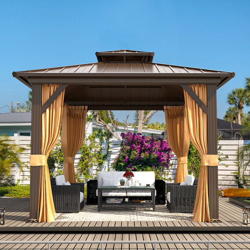 10 Ft. W x 10 Ft. D Hardtop Gazebo, Galvanized Steel Double Roof with Aluminum Frame, Outdoor Gazebo with Curtains and Nettings for Patio, Backyard and Deck