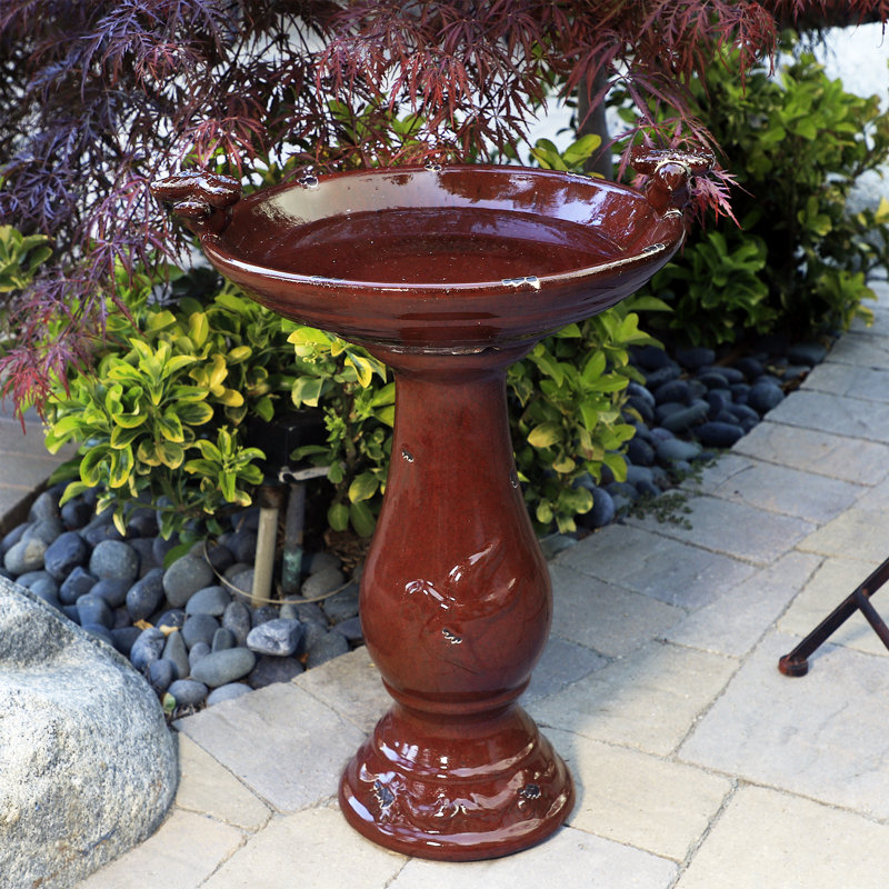 Ceramic / Porcelain Pedestal Birdbath, Red