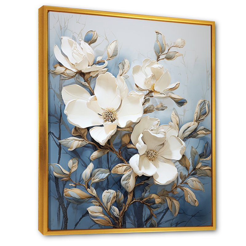 Art mural bleu et blanc peint Magnolias, Cadre flottant doré, H 32 po x l 24 po x P 1 po
