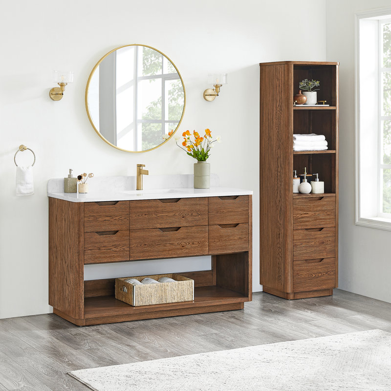 Harbin 55" Oak Weathered Brown Single Bath Vanity with White Stone Top