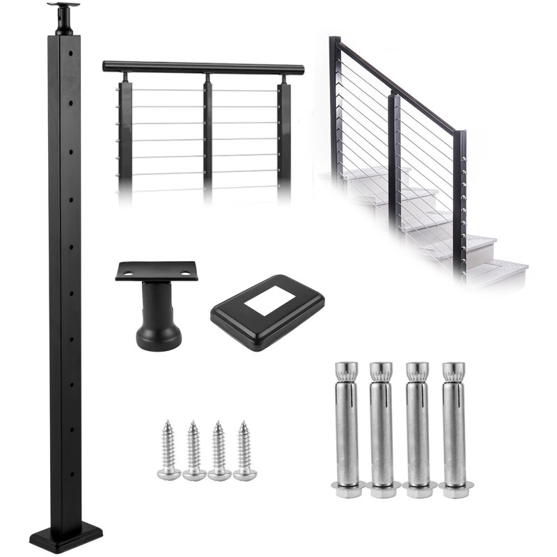 Cable Railing Post Level Deck Stair Post Handrail Post with Predrilled Holes, 42" H x 1.97" W x 1.97" D, Black
