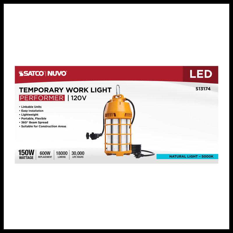 LED Temporary Work Light 5000K CCT 120 Volt, 11.51" H x 5.43" W x 5.43" D
