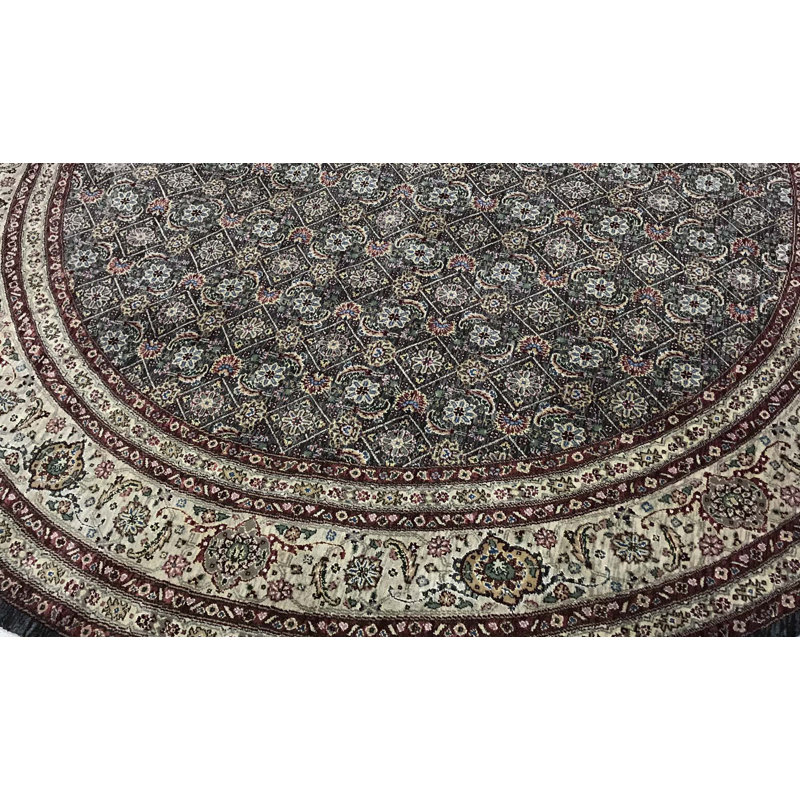 Tapis rond vert et beige noué à la main de haute qualité
