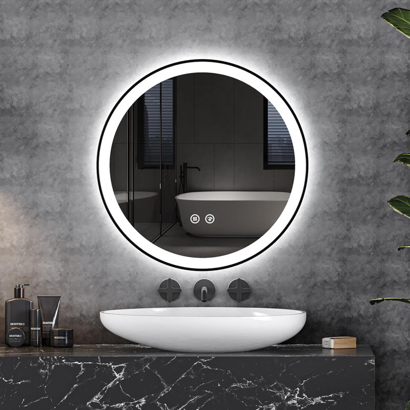 Miroir de salle de bain à DEL 24 po x 24 po avec façade avant et rétroéclairée, miroir à cadre dégradé avant noir et rétroéclairé à DEL pour salle de bain