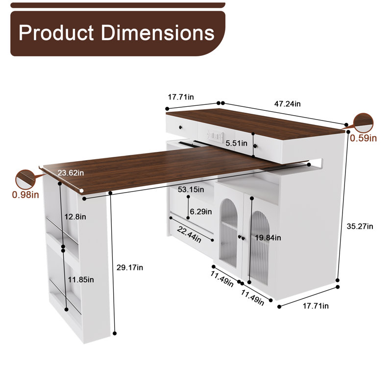 Adjustable Kitchen Island Cart with Seating for 2-4 | Rotating Countertop, Storage Drawers, Glass Display Cabinet & Sockets | Modern Freestanding Breakfast Bar