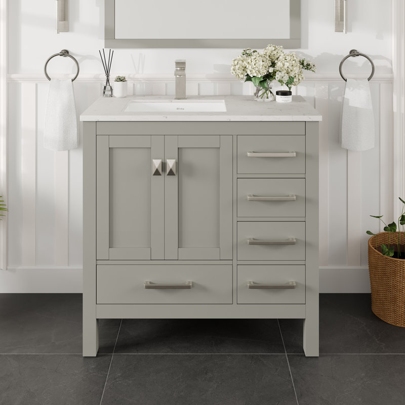 Meuble-lavabo en porcelaine encastrable l 38 po x P 18 po Eviva London, Quartz - blanc de Carrare, Gris