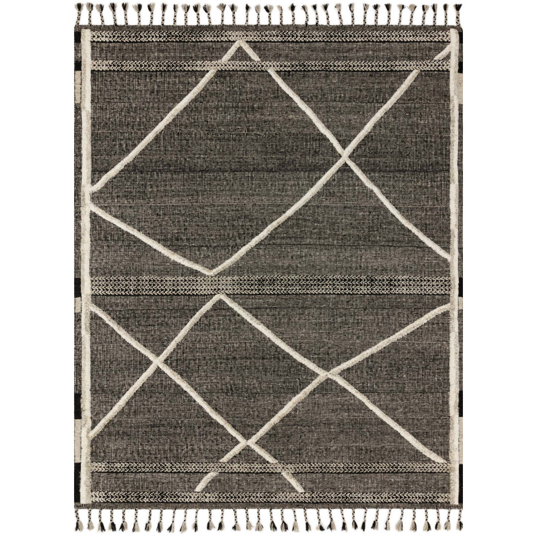 Hand-Knotted Wool Beige/Black Area Rug Union Rustic Rug 