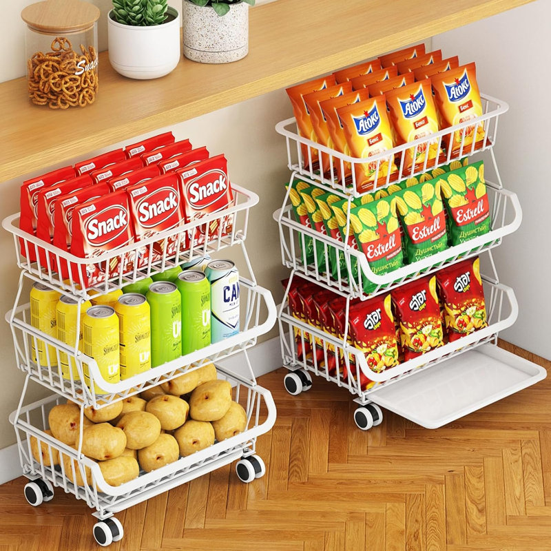 Chariot de garde-manger roulant à 3 niveaux avec roulettes, organisateur de plancher de rangement empilable pour tablettes de cuisine, support à fruits, support à légumes