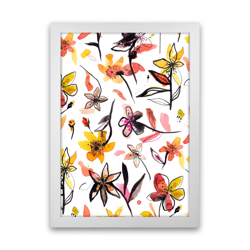 Ink Flowers Yellow - Print, White Framed, 88cm H x 64cm W x 3cm D