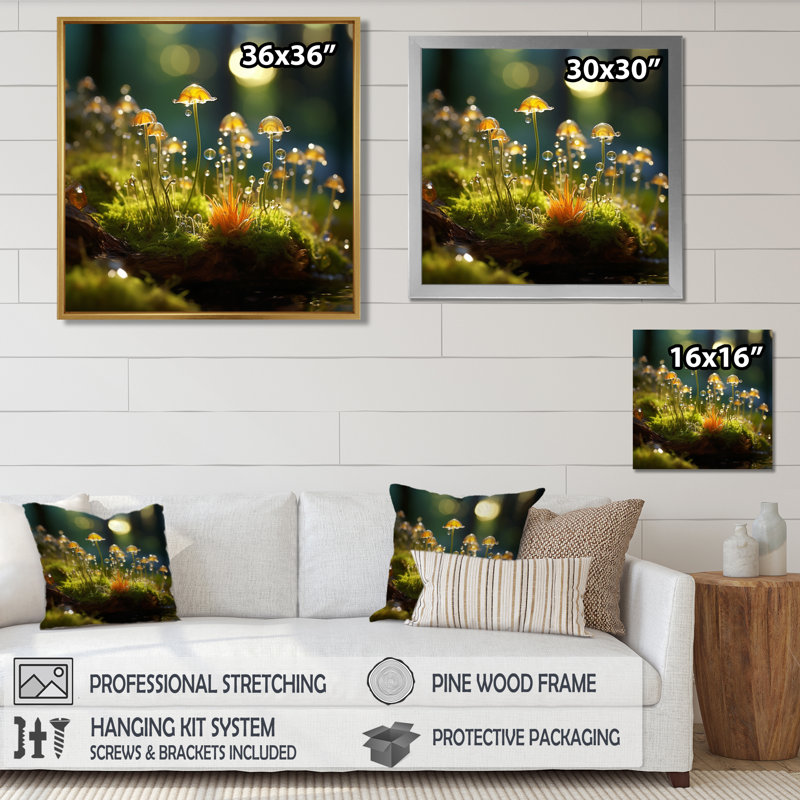 Forêt de champignons avec gouttes de rosée sur l'herbe verte à l'aube - Art mural champignon, H 36 po x l 36 po, Toile tendue