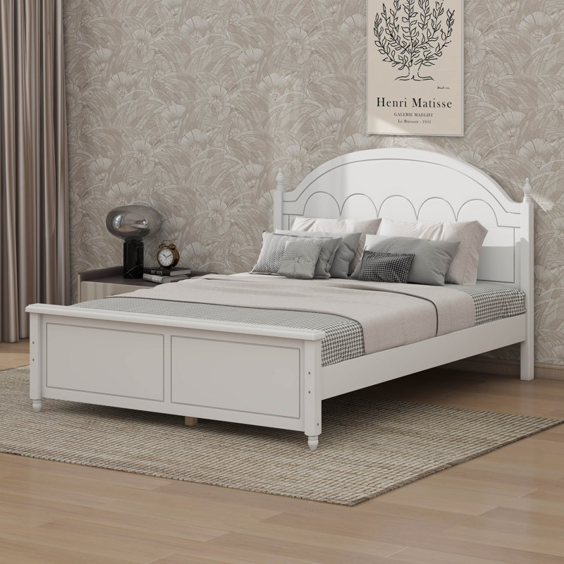 Cadre de lit plateforme en bois, cadre de lit moderne Mid-Century avec tête de lit arquée, Blanc, Grand lit