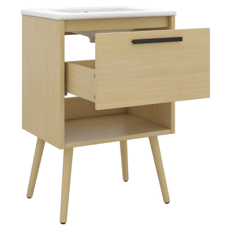 Armoire de meuble-lavabo 24 po avec lavabo, tiroir et tablette ouverte de style campagnard, bois massif et panneau de fibres à densité moyenne de 24 po