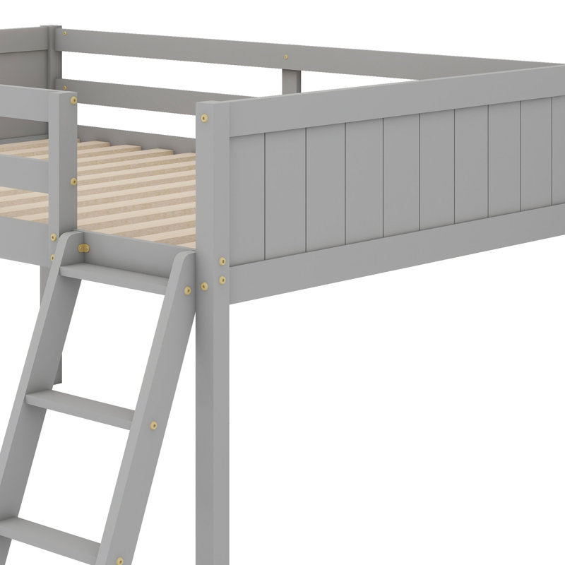 Wood Low Loft Bed With Ladder, Ladder Can Be Placed On The Left Or Right, Gray
