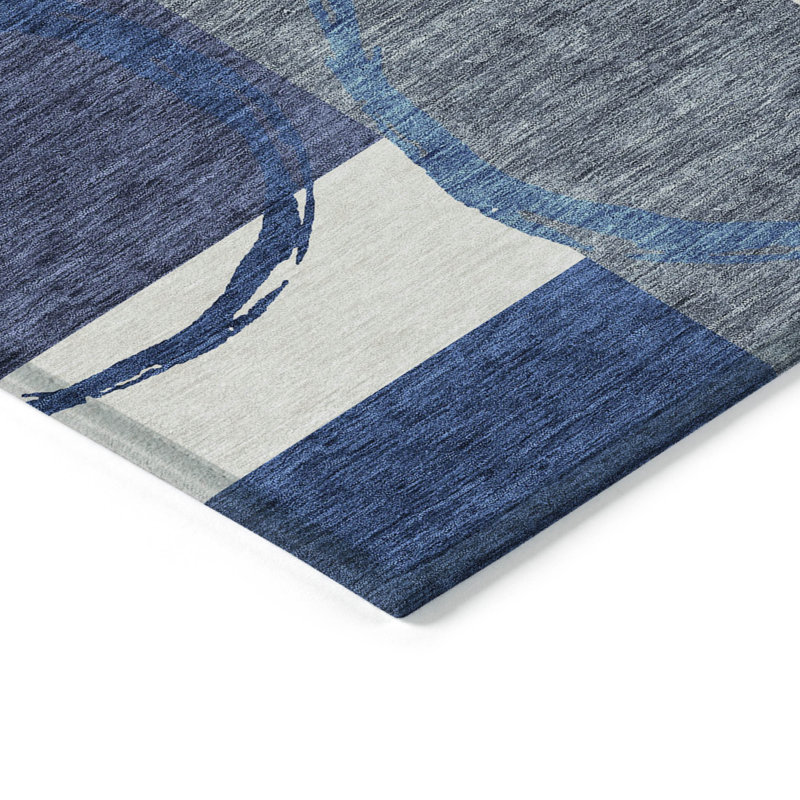 Tapis extérieur lavable à motif géométrique bleu et ivoire 10 pi x 14 pi
