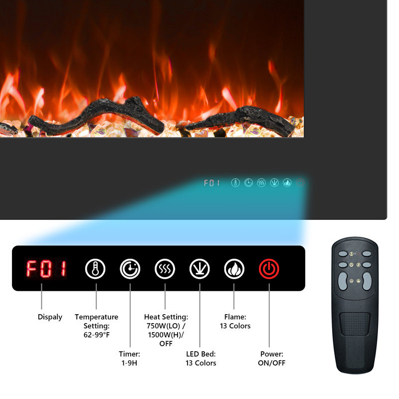 Recessed and Wall-mounted Electric Fireplace Inserts With 13 Flame and Fuel bed Colours, 750/1500W, Timer