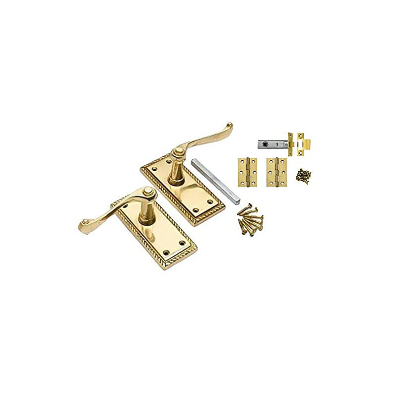 Golden Grace Georgian Door Lever Handles in Polished Brass Finish with Latches and Hinges - 107mm x 48mm