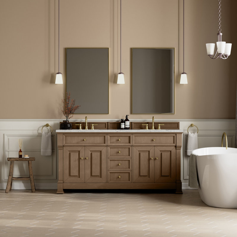 Brookfield 72'' W Double Vanity, Eternal Jasmine Pearl, Honey Oak