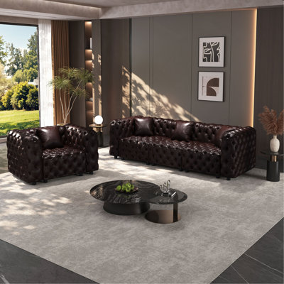 Modern Sofa Set, Faux Leather Upholstered Modular 3-Seater Sectional Couch with Pure Handmade Button Tufted Design, 4 Pillows, Multi Combination for L