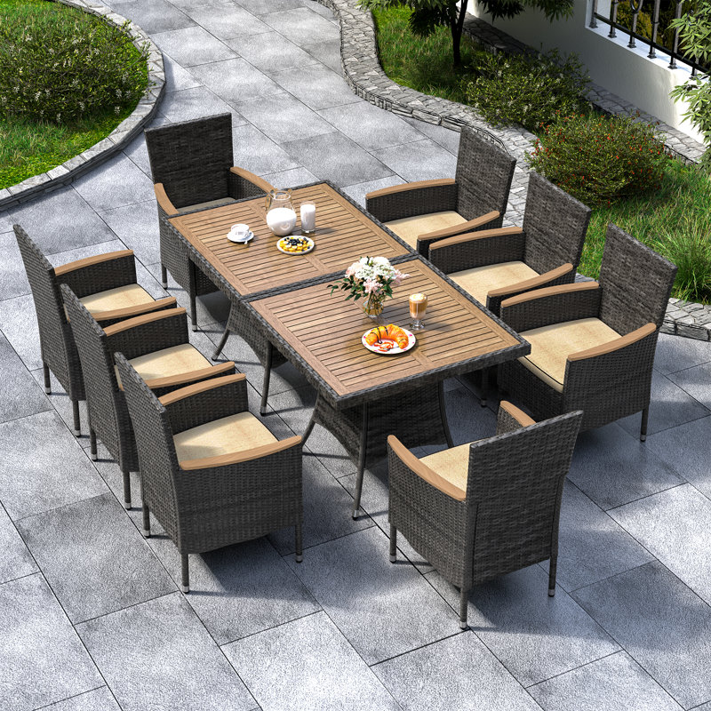 Ensemble repas d'extérieur rectangulaire pour 8 personnes L 70,8 po avec coussins, Gris