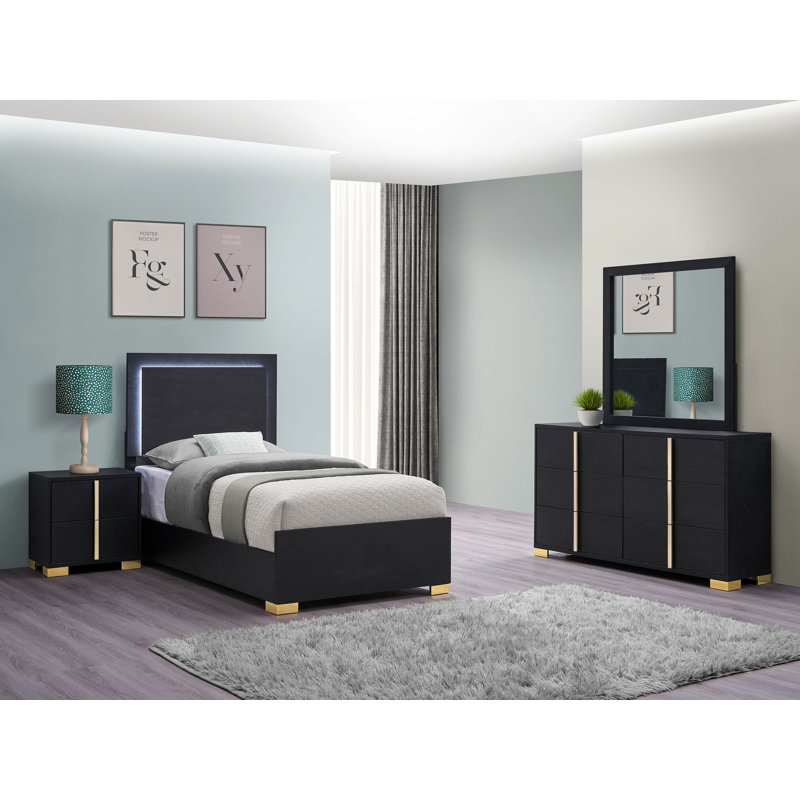 Marceline 4 Piece Bedroom Set, Lit simple, Noir