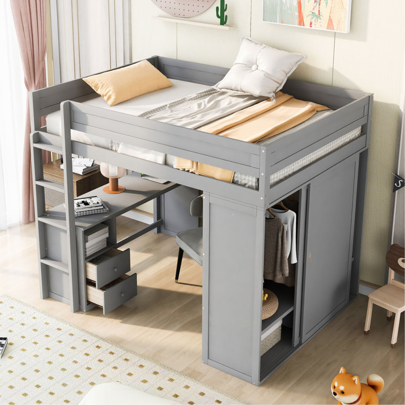 Lit mezzanine en bois avec placards et bureau à 2 tiroirs avec armoire, Lit double