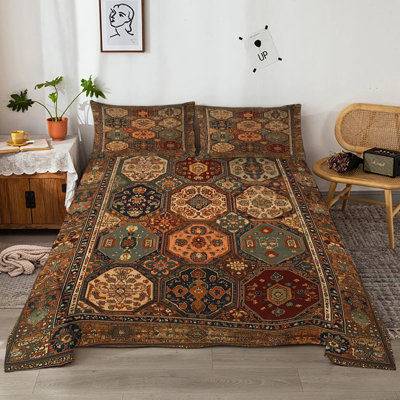4-piece Retro Bohemian Geometric Bedding Set - All-season Fitted Sheet, Flat Sheet & 2 Pillowcases, Minimalist Comfort Collection