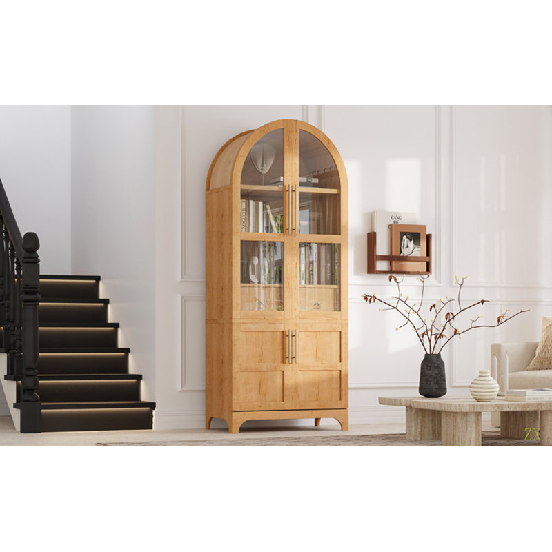 Grand garde-manger arqué de 71 po avec tablettes de porte, armoire de rangement de style campagnard avec tablettes ouvertes et réglables, tiroir caché et porte vitrée, armoire de cuisine, salle à manger