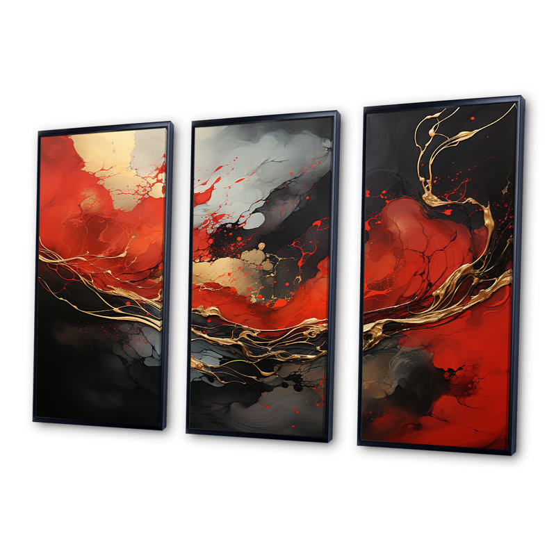 Rouge et or feu de marbre III - art mural abstrait, Cadre flottant noir, H 32 po x l 48 po x P 1 po