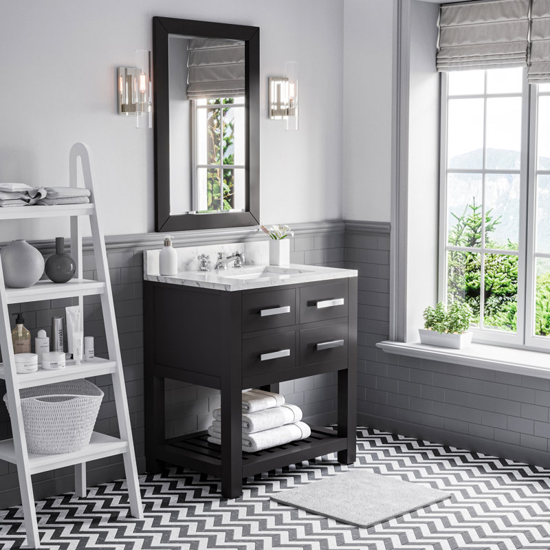 Ensemble de meuble-lavabo de comptoir en marbre blanc Carrara de 30 po avec miroir Parmer, Espresso