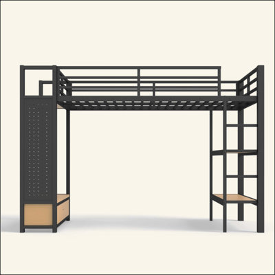 Structure de lit mezzanine avec garde-robe, lit mezzanine en métal avec tablettes de rangement et panneau perforé