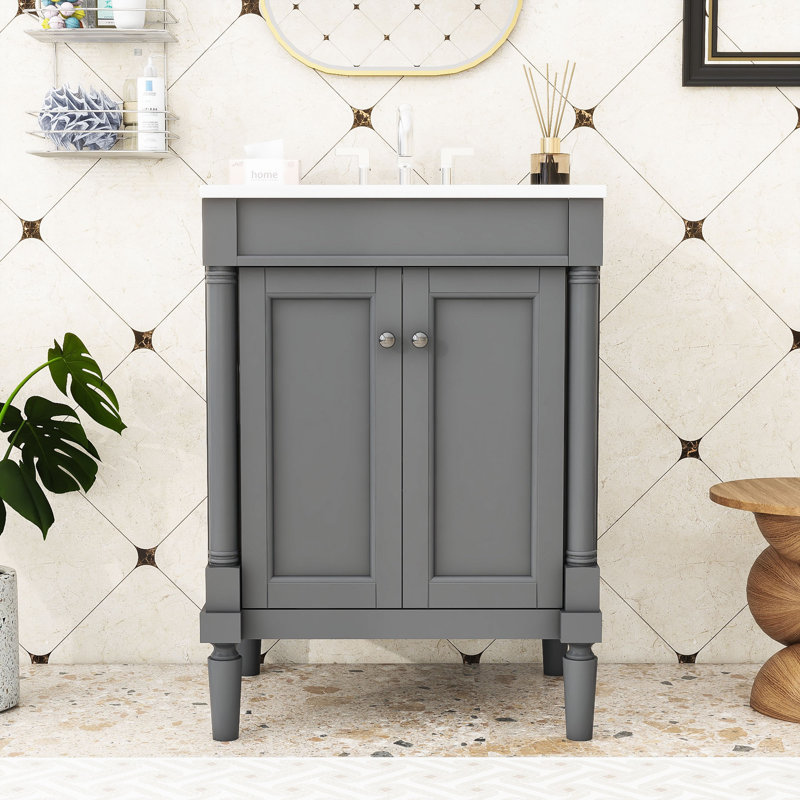 Ensemble de meuble-lavabo simple autoportant avec lavabo en céramique et armoire de rangement Eichman, Gris