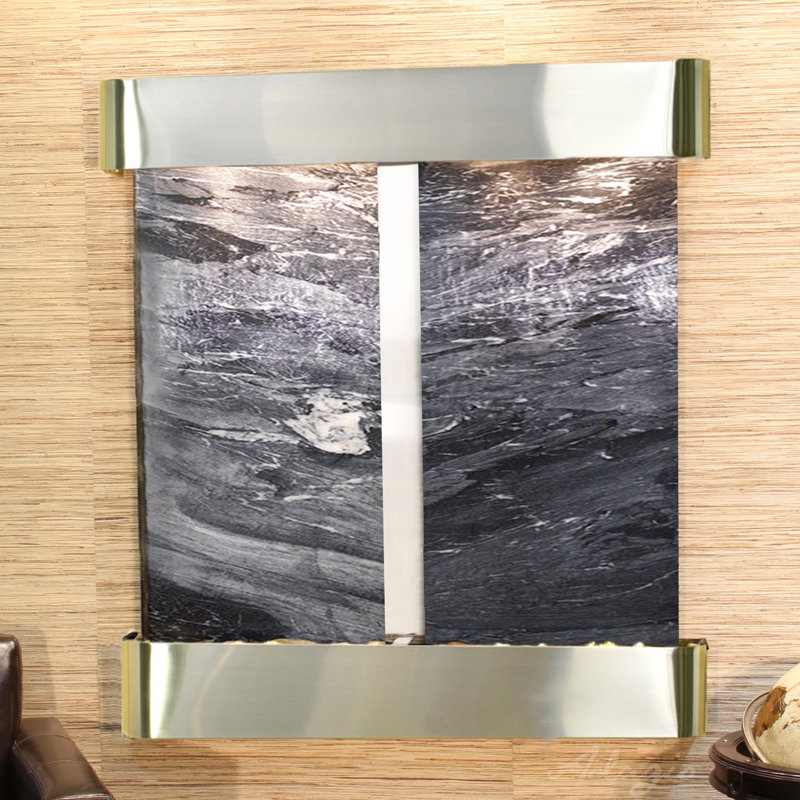 Aspen Falls Natural Stone Fountain with Light, Stainless Steel, Black Spider Marble