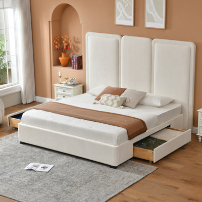 Modern Upholstered Platform Bed with 2 Solid Wood Under-Bed Storage Drawers, Tall 3-Panel Padded Headboard, No Box Spring Required