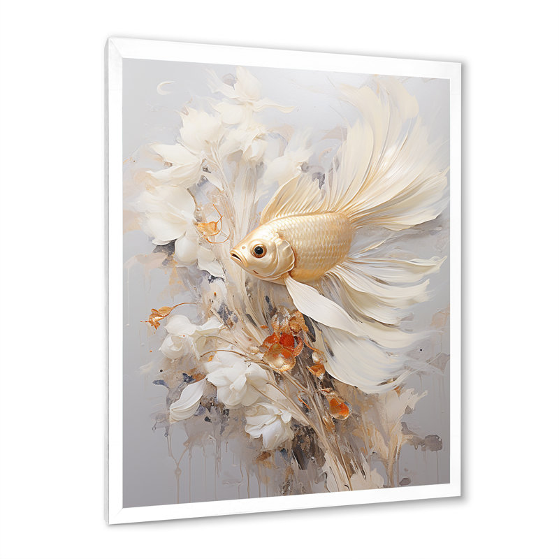 Poisson doré et longues queues sur toile, Cadre simple blanc, H 20 po x l 12 po x P 1 po