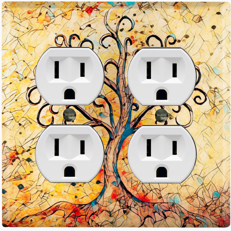 Metal Light Switch Plate Outlet Cover (Abstract Autumn Tree Yellow - Double Duplex)