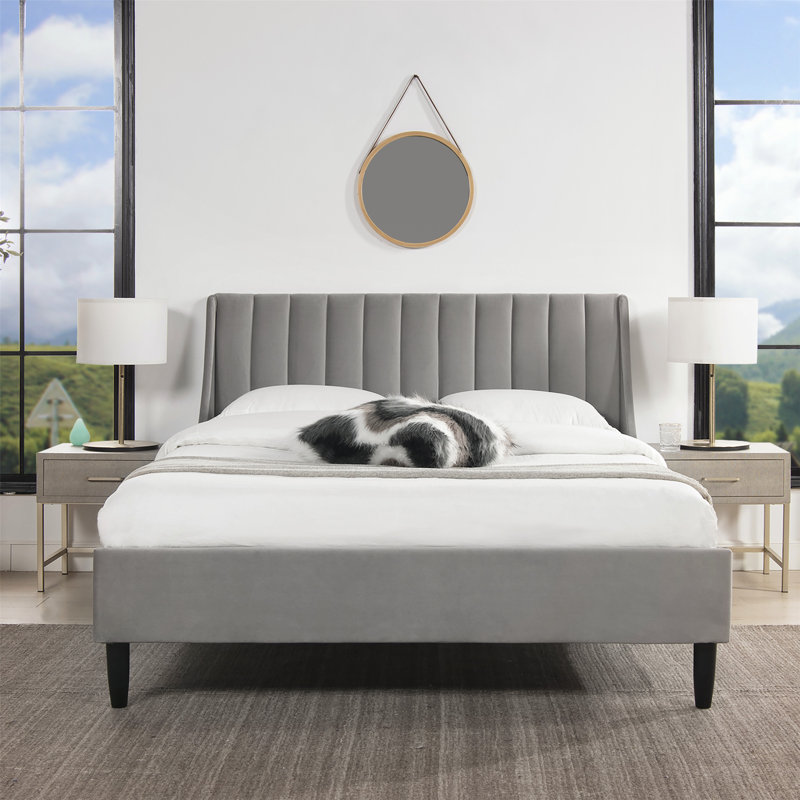 Helaina Upholstered Wingback Bed, Queen, Gray Velvet