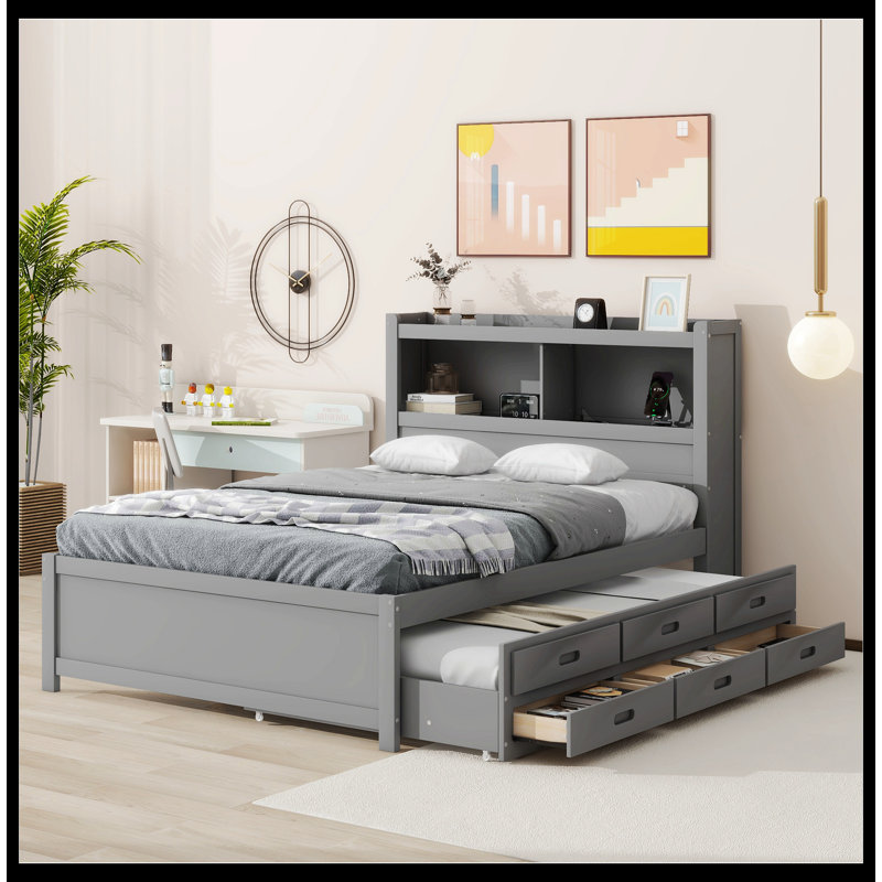 Lit bibliothèque avec couchette, tiroirs et prises USB Margrid, Gris
