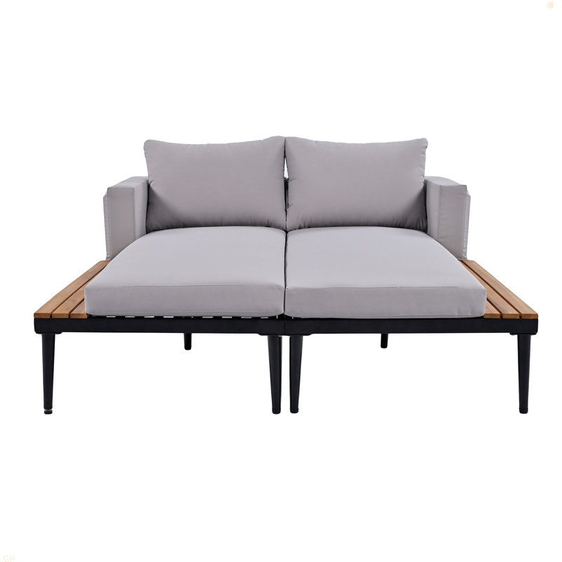 Modern Outdoor Daybed Patio Daybed With Wood Topped Side Spaces For Drinks, 2 In 1 Padded Chaise Lounges For Poolside, Balcony, Deck