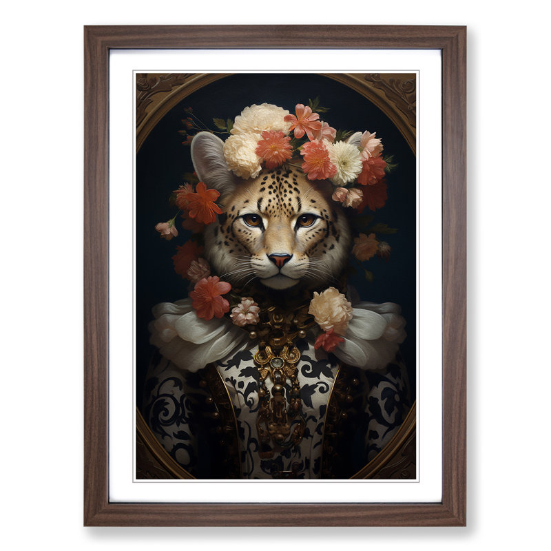 Cheetah Rococo - Single Picture Frame Print on Wood, 46cm H x 34cm W x 2cm D, Walnut Framed