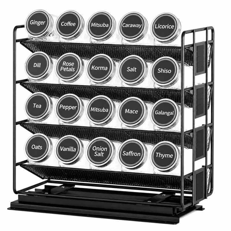 Pull Out Spice Rack Organizer with 20 Jars, Heavy Duty Slide Out Cabinet Organizer, 801 Labels & Chalk Marker, Left-Facing