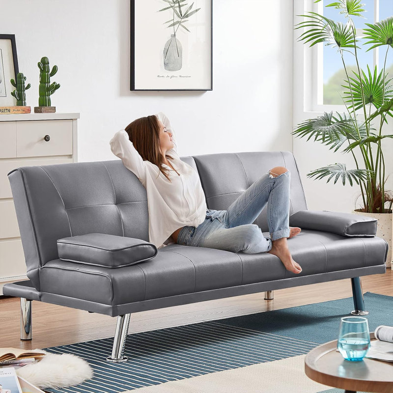 Arnbert Convertible Sofa Bed Adjustable PU Couch Sleeper Modern Recliner Reversible Loveseat with Cup Holders