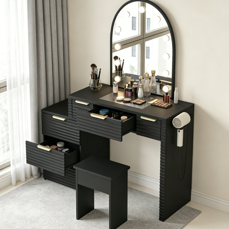 Makeup Vanity with Mirror, Vanity Set,  Stool Included, for Bedroom, Black