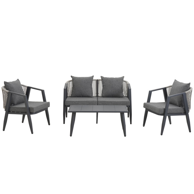 Ensemble repas extérieur pour 4 personnes avec coussins 4 personnes, Gris / Gris