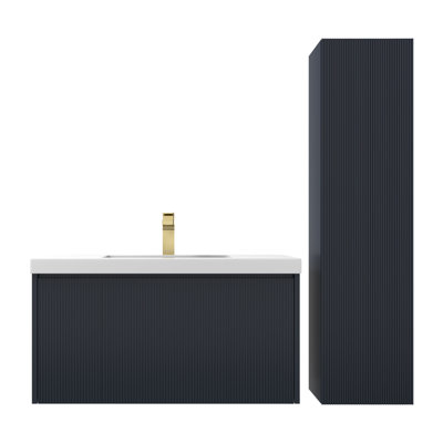 Meuble-lavabo mural 36 po avec lavabo en acrylique et armoire latérale Hisaw - devant cannelé, tiroirs à fermeture en douceur Hisaw